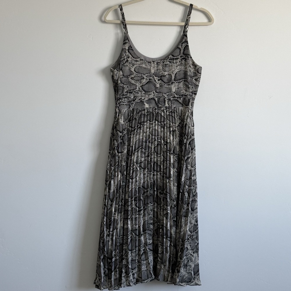 bohme Black and Gray Snake Print Pleated Midi Dress